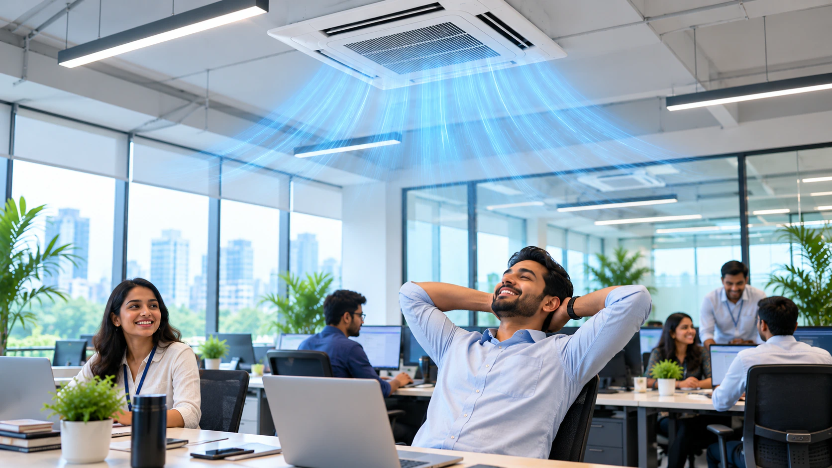 Employees working at desks in an open-plan office beneath a ceiling cassette air conditioner