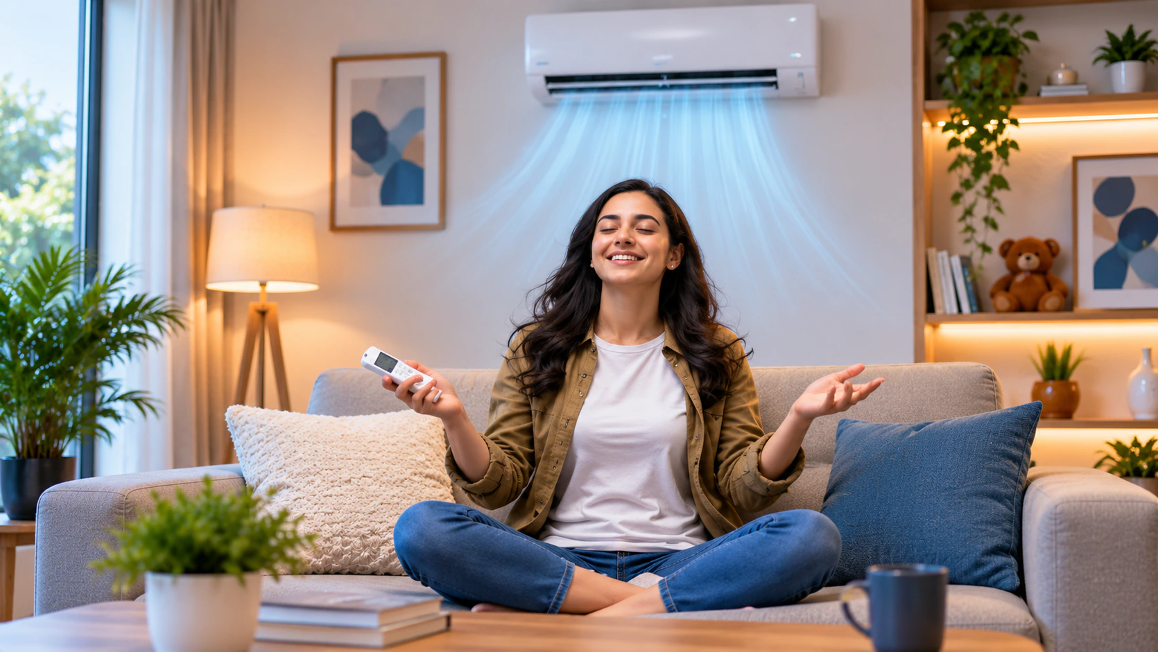 Woman sitting cross-legged on a sofa with an AC remote as cool air flows from the indoor unit