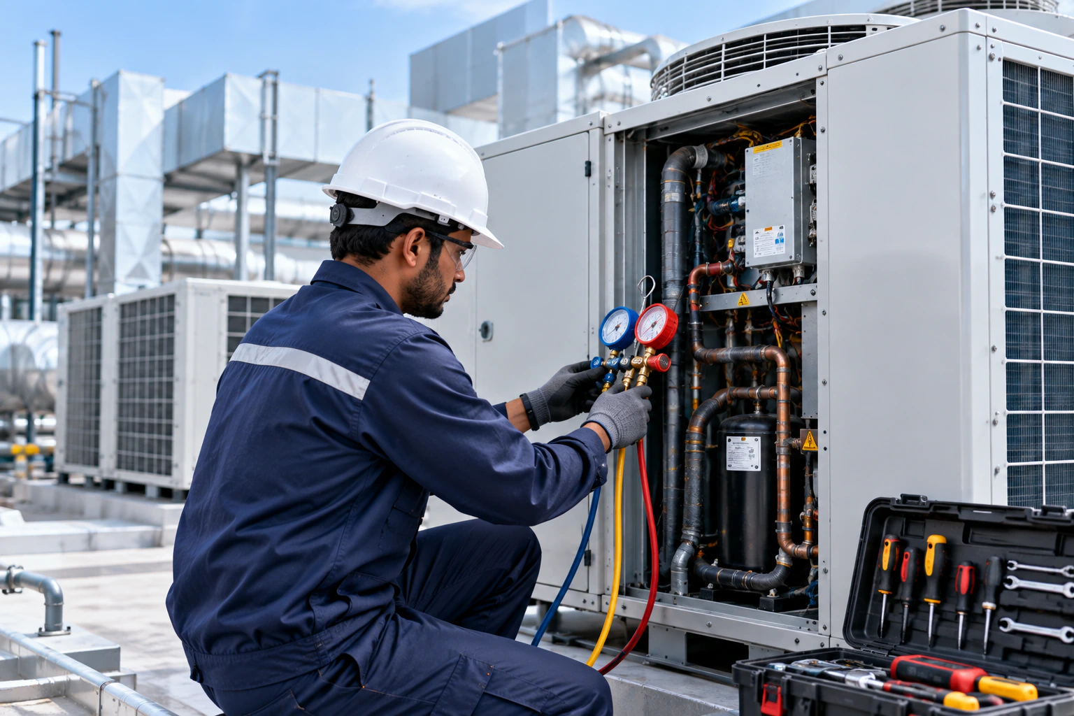 Service engineer taking gauge readings on the refrigerant circuit of a rooftop condensing unit