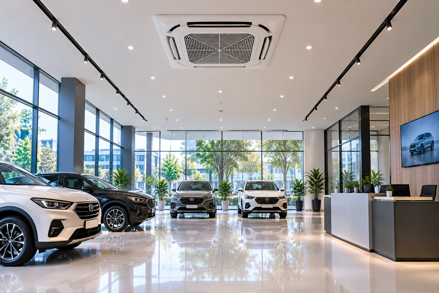 Ceiling cassette unit cooling a car showroom floor with full-height glazing