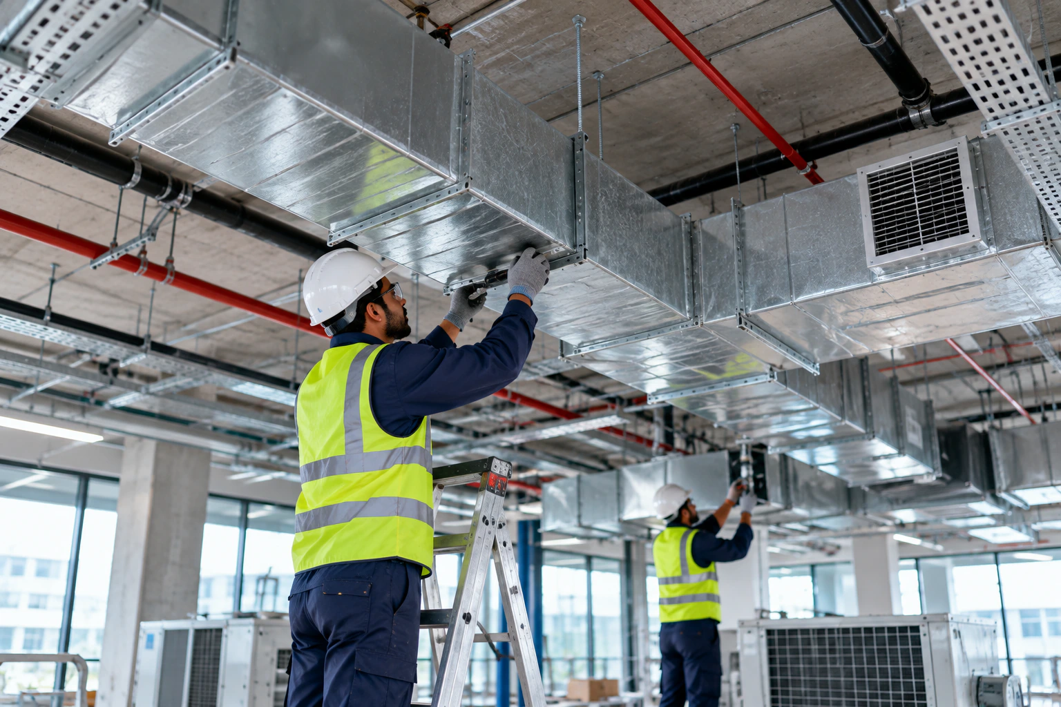 Technicians in hi-vis fitting rectangular supply ductwork to a soffit on a live MEP fit-out
