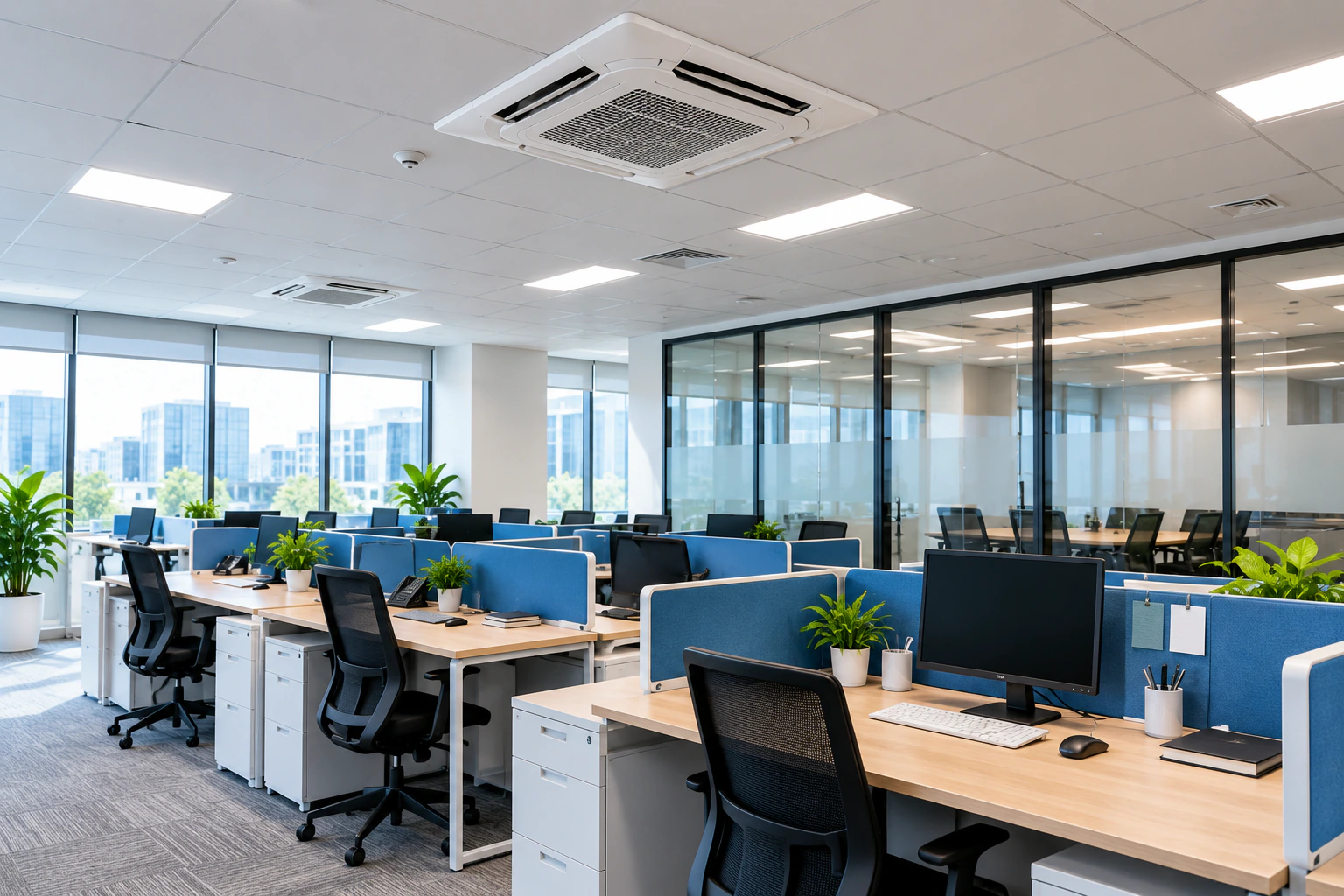 Ceiling cassette unit above an open-plan corporate office of desks and workstations