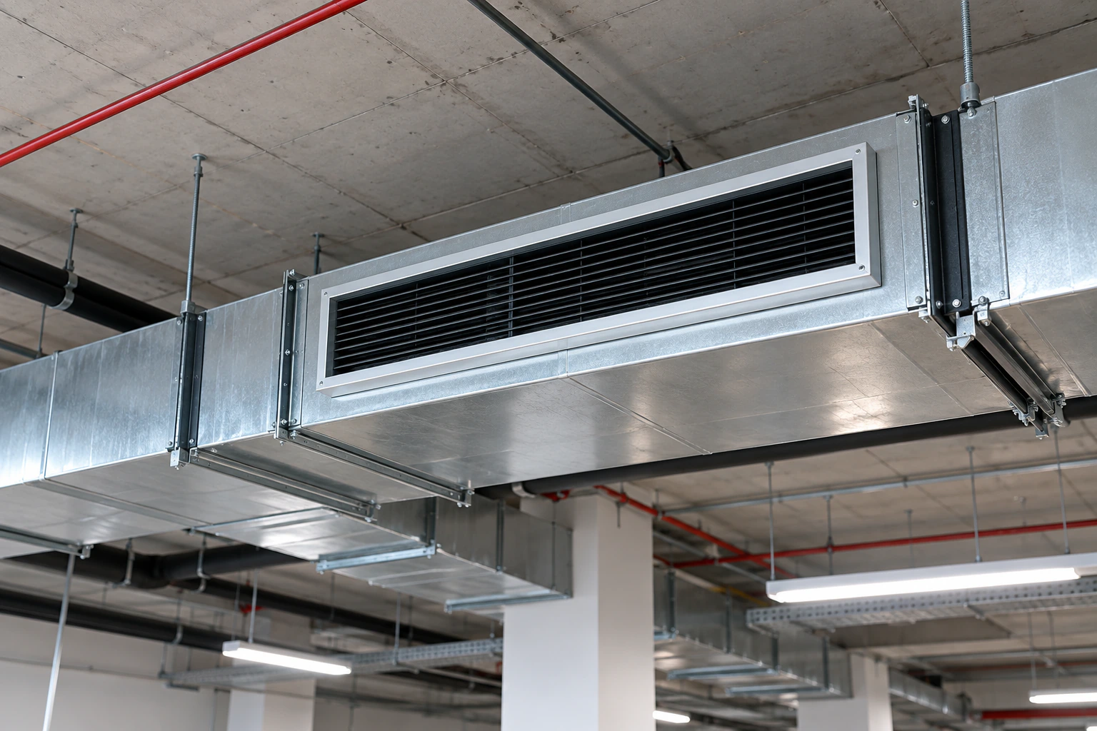 Ductable indoor unit and supply grille on exposed galvanised ductwork after commissioning