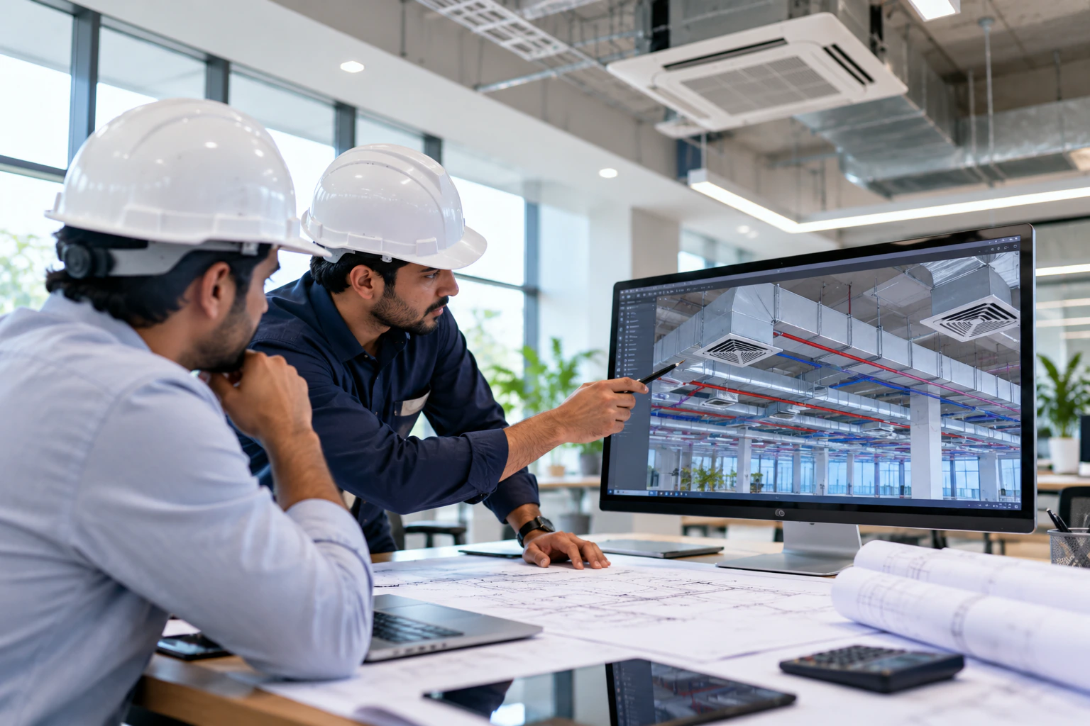 Two engineers reviewing a 3D services model on screen beside marked-up drawings