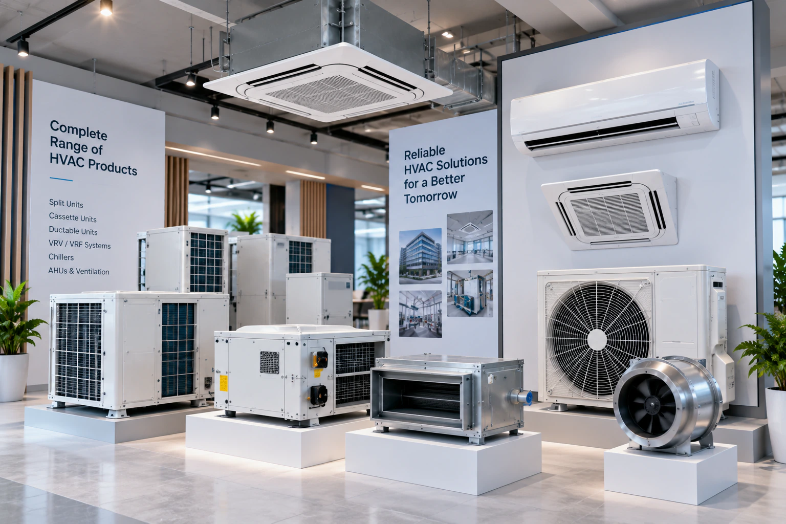 Showroom display of split, cassette and ductable units, condensers and an inline fan