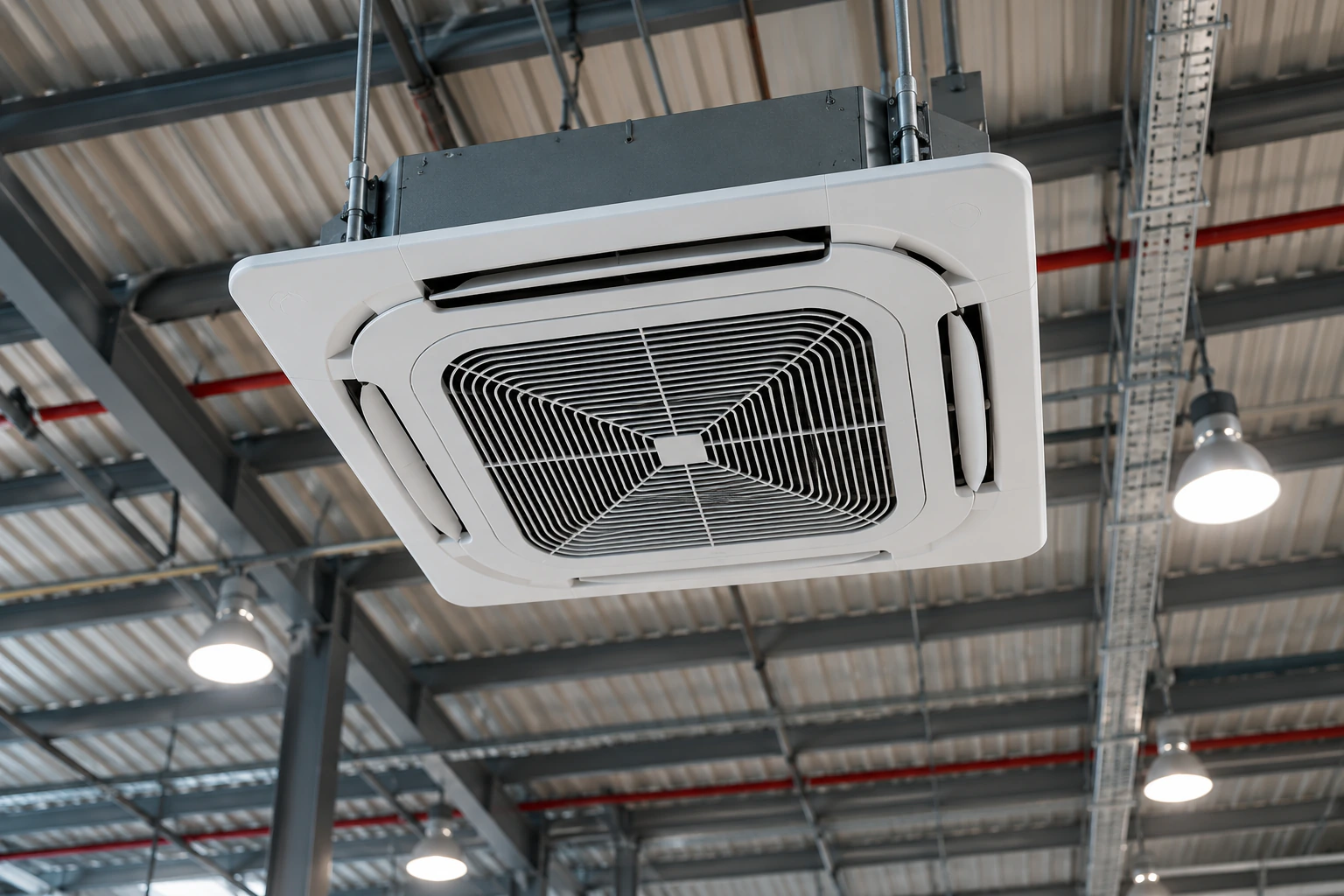 Four-way cassette indoor unit suspended from the steel roof deck of an industrial shed